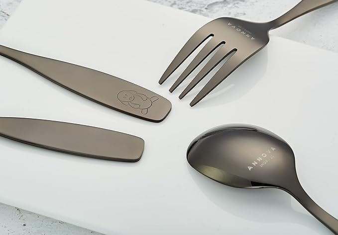 ANNOVA Kids Silverware Children's Safe Flatware Set Stainless Steel - Children Forks, Children Tablespoons, Toddler Utensils, Metal Cutlery Set for LunchBox (Black Gold, 6)