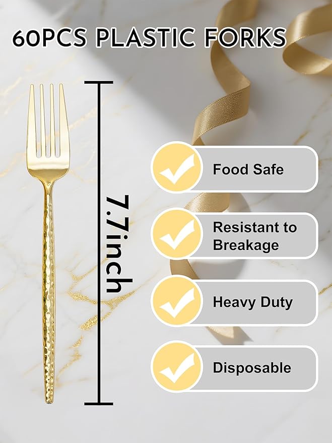 U-QE 60 PCS Gold Plastic Forks - 7.7 Inch Hammered Heavy Duty Plastic Forks - Elegant Gold Plastic Silverware - Perfect for Parties & Weddings and Other Daily Events