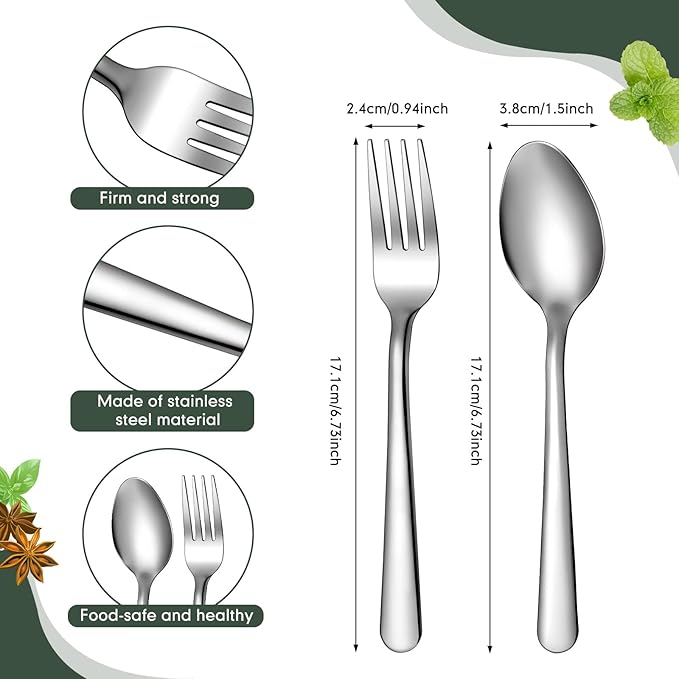 BBTO 100 Pcs Forks and Spoons Silverware Set Bulk Stainless Steel Flatware Cutlery Set 6.7'' Kitchen Utensils for Home Restaurant 50 Dinner Fork, 50 Teaspoon, Mirror Polished, Dishwasher Safe