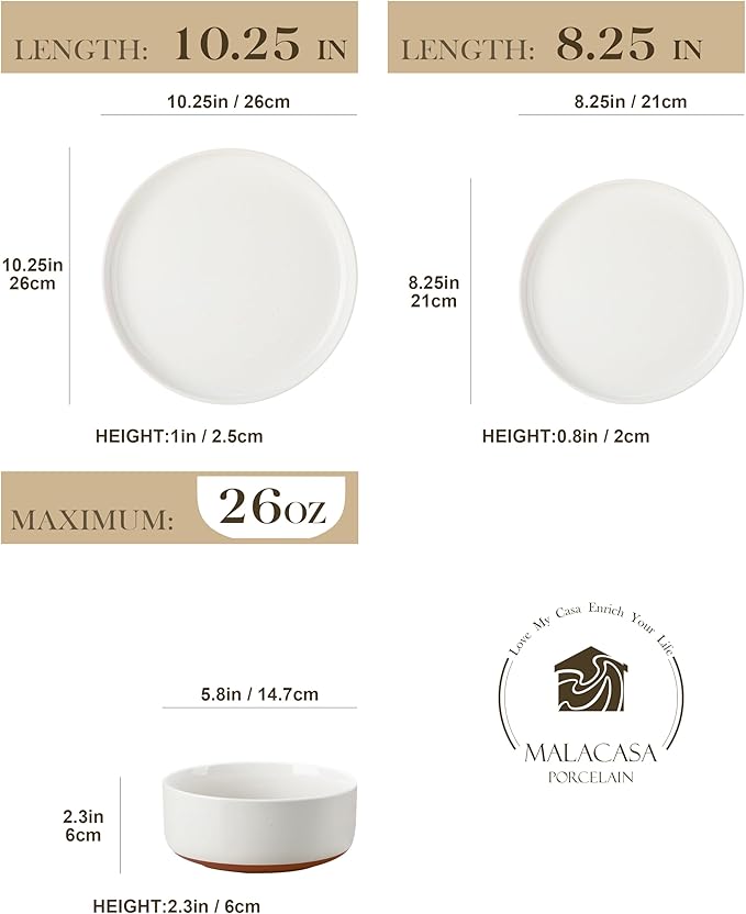 MALACASA Plates and Bowls Sets, 12 Pieces Modern Stoneware Dinnerware Set for 4 Kitchen Dinner Set Ceramic Dishware Dishes Set Microwave and Dishwasher Safe, White, Series TARA