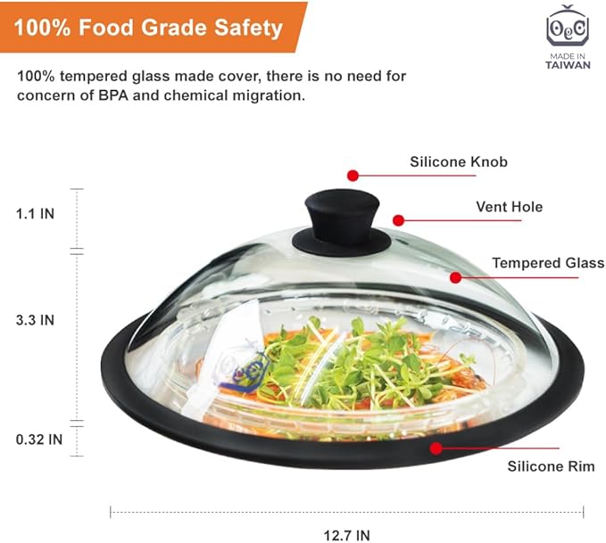OEC Vented Splatter Guard Microwave Glass Cover for Food with Easy-Grip Handle, 12.7 inch Diameter, 100% Food Grade Tempered Glass & BPA Free Silicone Rim with Steam Vent, Dishwasher Safe