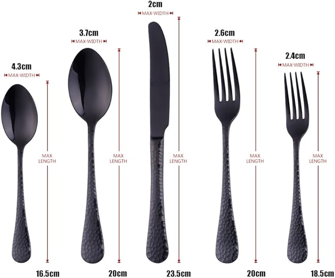 5-Piece Black Silverware Flatware Set Service for 1 Stainless Steel Cutlery Set Include Dinner Knife Table Fork Table Spoon Salad Fork Tea Spoon for Wedding, Dishwasher Safe