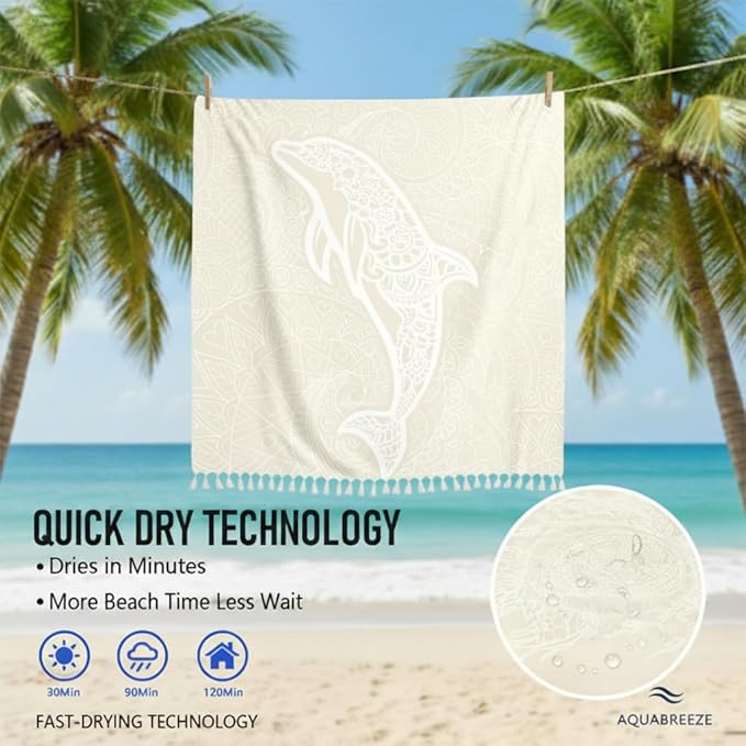 Oversized Turkish Beach Towel Blanket Cotton Giant XL Sandproof Towels Huge Linen XXL Extra Large Big Throw Quilt Blankets for Adults Beige Dolphin