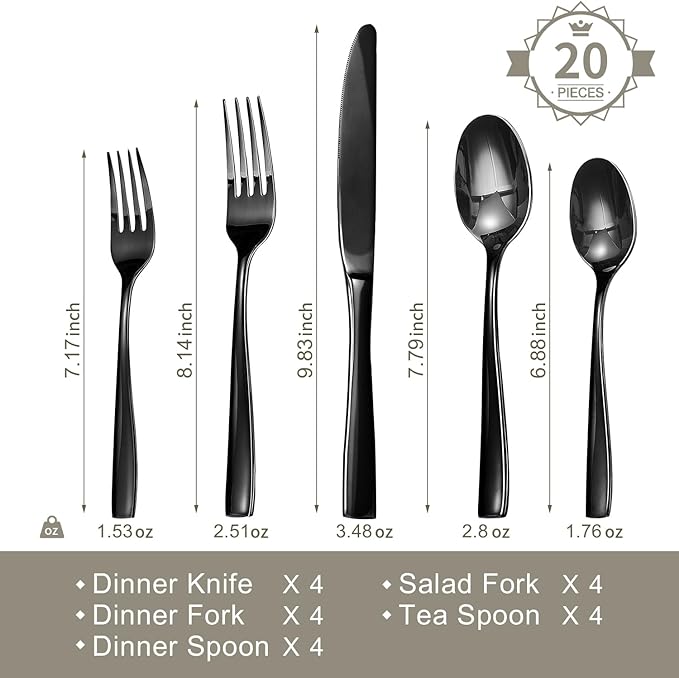 HIKAA Forged Silverware Set Stainless Steel Flatware Set,Service for 4,Matte Satin Polished Cutlery Set,Dishwasher Safe (Black, 20PCS)