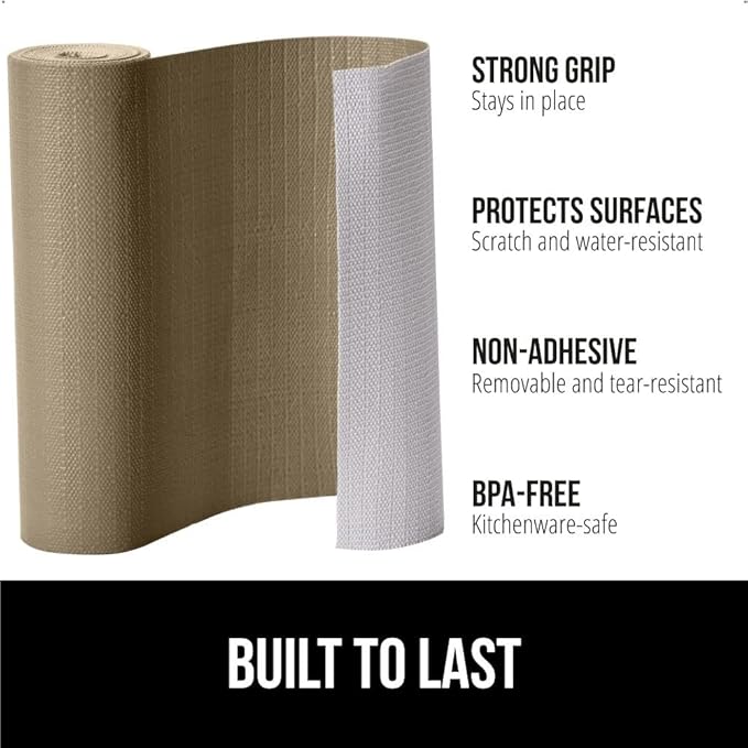 GORILLA GRIP DripGuard Shelf Liner, Non Adhesive Drawer and Kitchen Cabinet Protector, Slip Resistant BPA Free Smooth Surface Plastic Liners for Cabinets, Bathrooms, Closets, 12x120 Inch, Beige