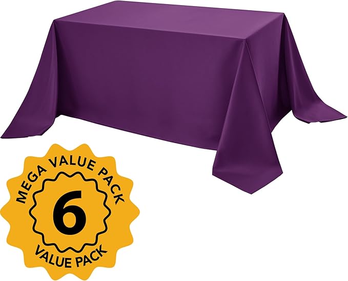 6-Pack Purple Tablecloths for Rectangle Tables, 90 x 156 Inches, Stain-Resistant Polyester Fabric for 8 Foot Tables - Washable Table Covers for Weddings, Banquets, Birthday Parties, Events