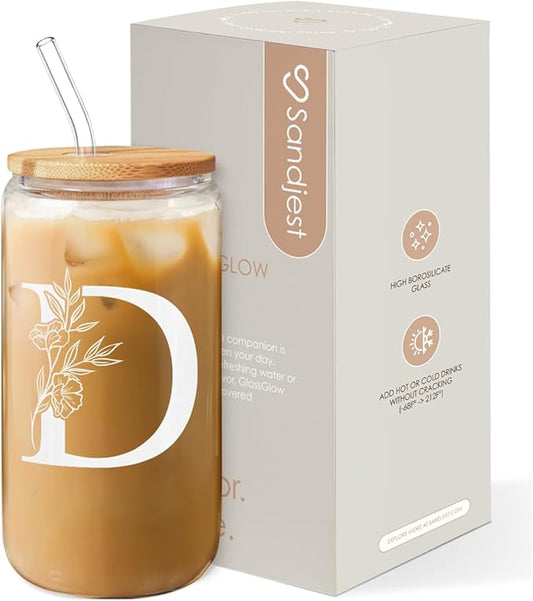 SANDJEST Monogrammed Gifts for Women - Monogram D Initial Glass Cup 16 Oz Can Coffee Cups with Lid and Straw - Monogram Initials Gifts for Womens on Birthday