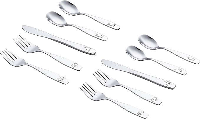 ANNOVA Kids Flatware Set - Stainless Steel Silverware Forks, Table Knife, Tablespoons - Child Toddler Utensils Dinosaur Engraved T-Rex, Triceratops, Diplodocus (Staineless Steel, 10 Pieces)