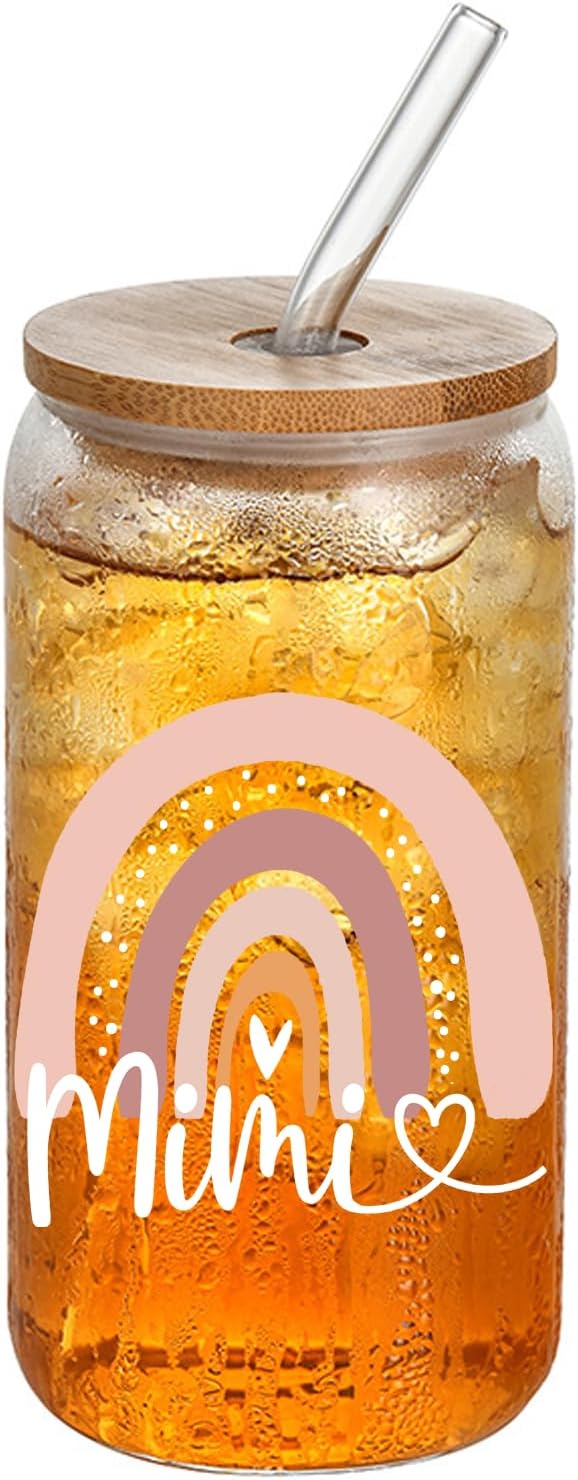 Mimi Glass Cups 16 Oz - with Lids and Straws, Mothers Day, Birthday and Christmas Gifts, Perfect for Office, and Home Use