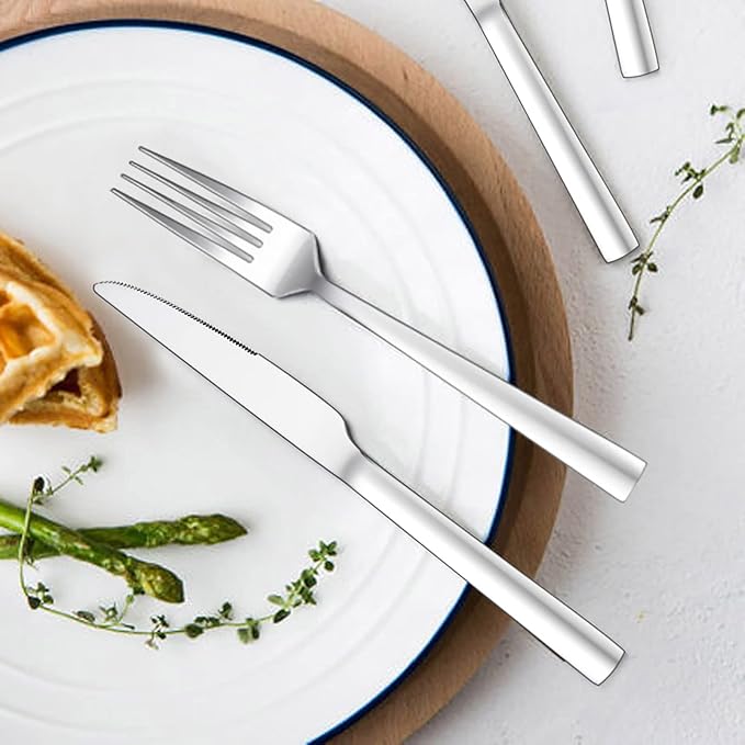 E-far Dinner Knives Set of 12, 8.9 Inch Stainless Steel Serrated Steak Butter Knife for Home Kitchen Restaurant, Modern Design & Square Edge, Mirror Finish & Dishwasher Safe