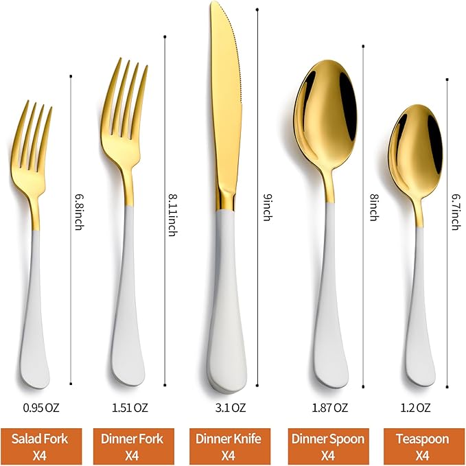 20 Piece Gold and White 18/0 Flatware Utensil Set for 4, Include Dinner Knife,Dinner Forks,Dinner Spoons,Salad Forks,Teaspoons,Silverware Set for 4, Dishwasher Safe