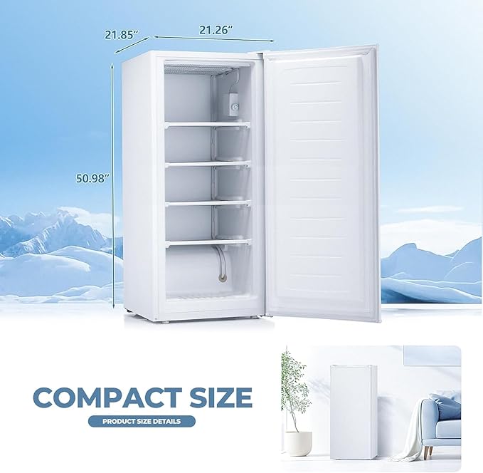 6.0 Cu.ft Upright Freezer, Small Stand Up Freezer with Adjustable Thermostat, Removable Glass Shelves, for Bedroom/Home/Dorms/Apartment, White