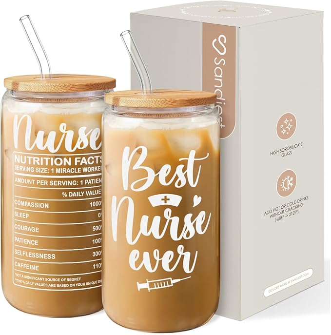 SANDJEST Nurse Cup 16 Oz Glass Can with Bamboo Lid and Straw - Nurse Gifts for Women - Appreciation Nursing Gifts for Female on Birthday