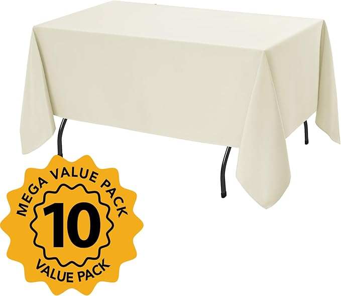 10-Pack Ivory Tablecloths for Rectangle Tables, 70 x 120 Inches, Stain-Resistant Polyester Fabric for 6 Foot Tables - Washable Table Covers for Weddings, Banquets, Birthday Parties, Events