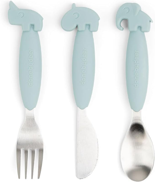 Done by Deer Easy-Grip Cutlery Set Deer Friends Blue - Anti-Slip Handles, Soft Silicone, Stainless Steel, Spoon, Fork, and Knife - Perfect for Independent Toddlers Learning to Self-Feed