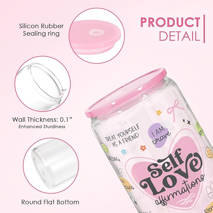 SANDJEST Inspiration Glass Can, Self Love Iced Coffee Aesthetic Cup, Gifts for Christmas Birthday, Gift for Women Girls, 16oz