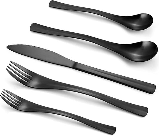 Black Silverware Set, Bysta 20-Piece Flatware Set, Stainless Steel Utensils Service for 4, Tableware Cutlery Set for Home and Restaurant, Include Knife/Fork/Spoon, Satin Finish, Dishwasher Safe
