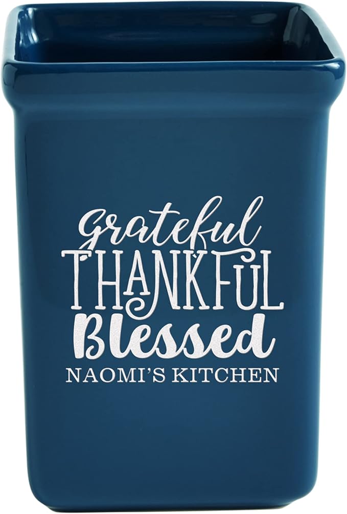 Let's Make Memories Personalized Grateful, Thankful, Blessed Stoneware - Navy Utensil Holder