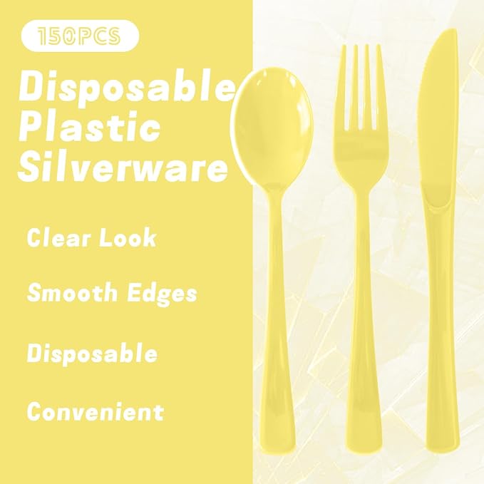 150 Pack Disposable Plastic Silverware, Heavy Duty Light Yellow Plastic Cutlery Set Includes 50 Forks 50 Knives 50 Spoons for Birthday Wedding Party Picnics (150, Light Yellow)