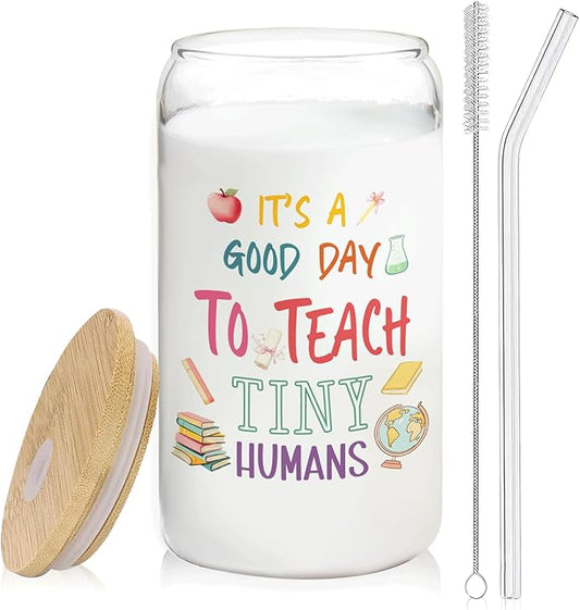 Kindergarten Teacher Glass Cup with Lids and Straws 14oz, Teacher Appreciation Gifts, Best Teachers Gifts for Women Glass Iced Coffee Tumbler Drinking Jars with Cleaning Brush