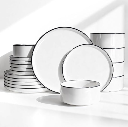 Famiware Porcelain Dinnerware Set, 18-Piece Modern Plate and Bowl Set, dish set for 6, Microwave and Dishwasher Safe Tableware, White with Black Trim