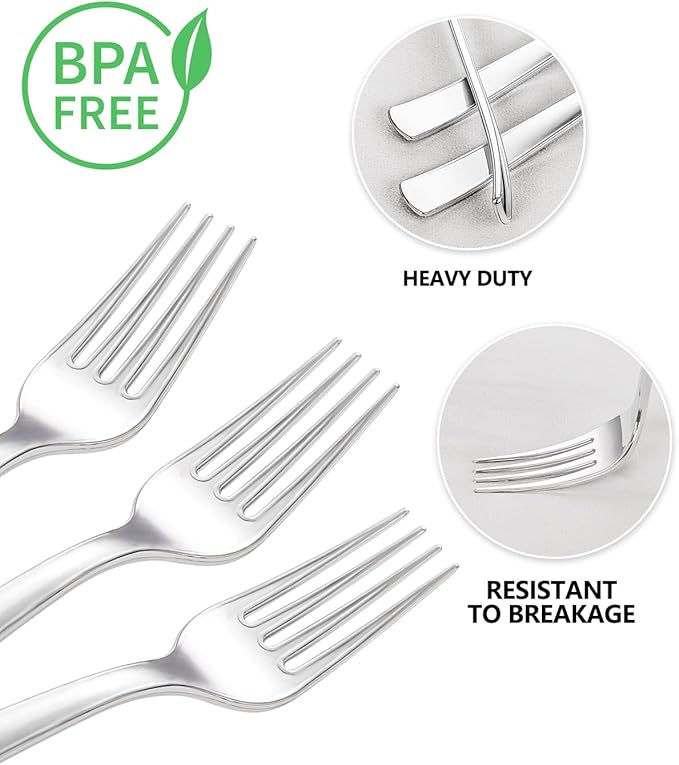 YOUBET 50PCS Silver Plastic Forks - Heavy Duty Plastic Forks - Solid Durable Silver Disposable Silverware for Party Picnic Wedding and Daily Use