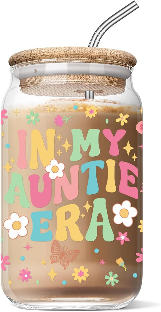 Christmas Day Gifts for Aunt Auntie - Funny Mother’s Day Birthday Gifts from Niece for Auntie New Aunt - 16 Oz Glass Coffee Cup