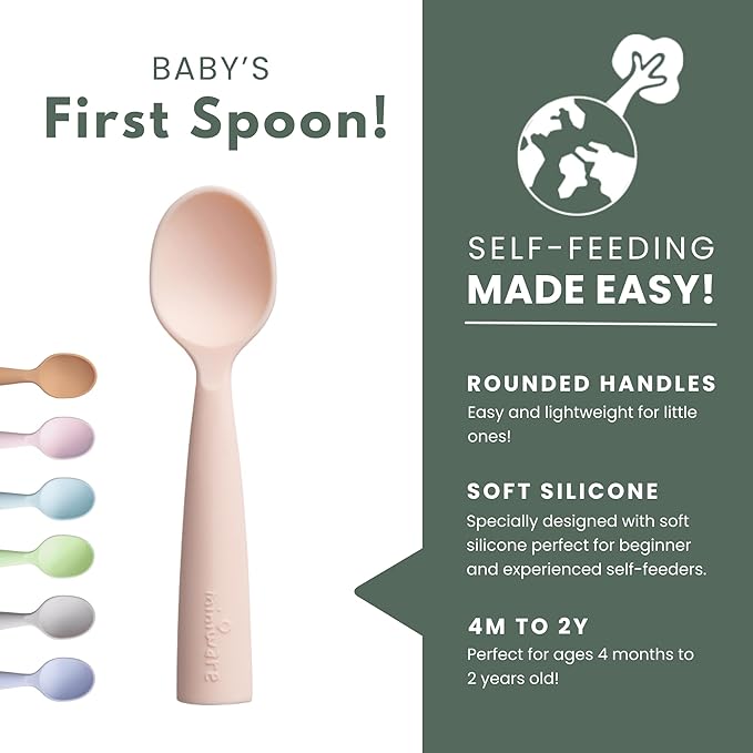 Miniware Silicone Baby Spoon for Training - BPA Free Baby Utensils - Baby Spoons Self Feeding 6 Months | 100% Food Grade Silicone - Modern & Dishwasher Safe Toddler Spoons (Grey and Peach)