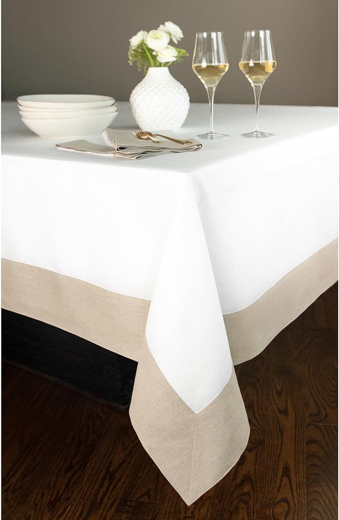 Solino Home Linen Tablecloth 60 x 108 Inch - 100% Pure Linen Natural and White Table Cloth for Rectangle Tables - Contempo, Machine Washable Tablecloth for Winter, New Year