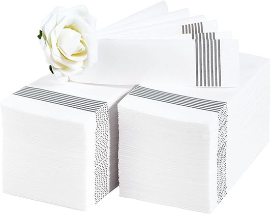 LITOPAK 100 Pack Guest Towels Disposable, Soft And Absorbent Bathroom Napkins, Paper Guest Towels for Bathrooms, Party, Wedding or Events. White and Silver