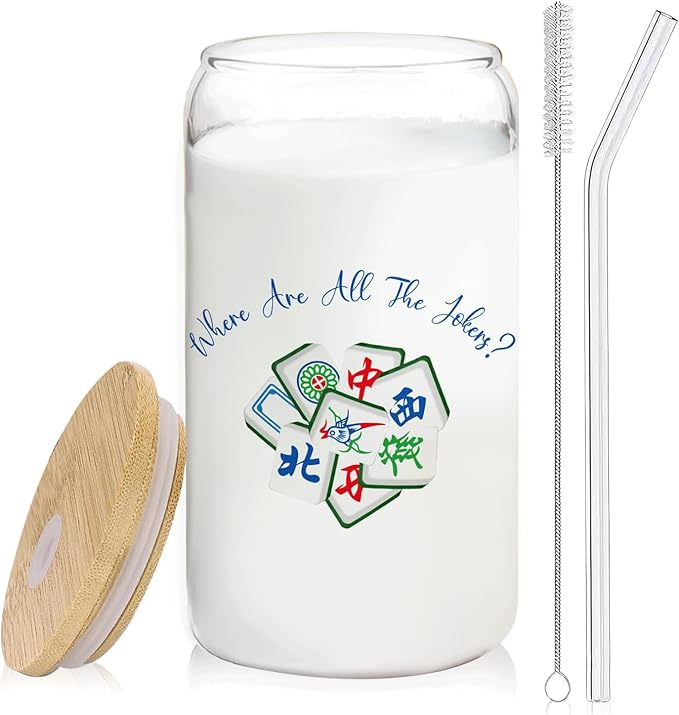 Chinese Mahjong Glass Cup with Lids and Straws 14oz, Gifts for Mahjong Players Lovers, Mah Jong Accessories Glass Iced Coffee Tumbler Drinking Jars with Cleaning Brush