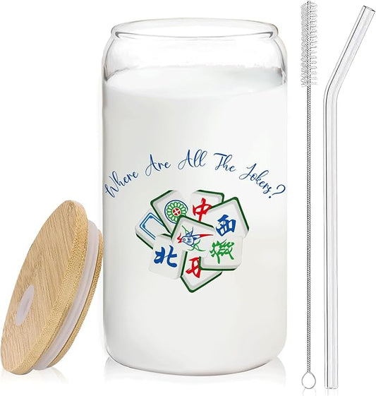 Chinese Mahjong Glass Cup with Lids and Straws 14oz, Gifts for Mahjong Players Lovers, Mah Jong Accessories Glass Iced Coffee Tumbler Drinking Jars with Cleaning Brush