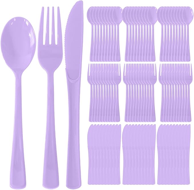 300 Pack Disposable Plastic Silverware, Heavy Duty Lavender Plastic Cutlery Set Includes 100 Forks 100 Knives 100 Spoons for Birthday Wedding Party Picnics (300, Lavender)