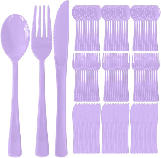 150 Pack Disposable Plastic Silverware, Heavy Duty Lavender Plastic Cutlery Set Includes 50 Forks 50 Knives 50 Spoons for Birthday Wedding Party Picnics (150, Lavender)