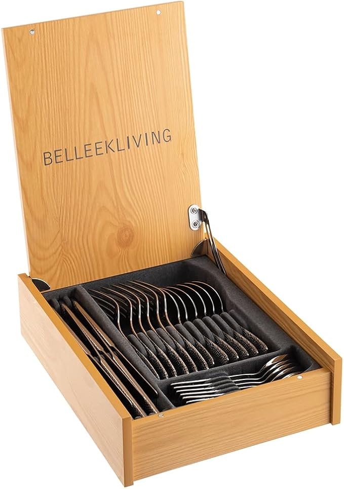 Belleek Nordica 24-Piece Cutlery Set - Polished 18/10 Stainless Steel Flatware Set - Dishwasher Safe Utensils with Wooden Utensil Organizer
