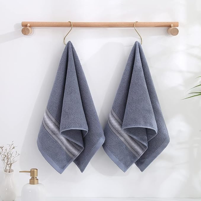 YiLUOMO Blue Hand Towel Set of 2 Soft 100% Cotton Textured Striped Pattern Highly Absorbent Decorative Hand Towels for Bathroom 13 x 29 Inch