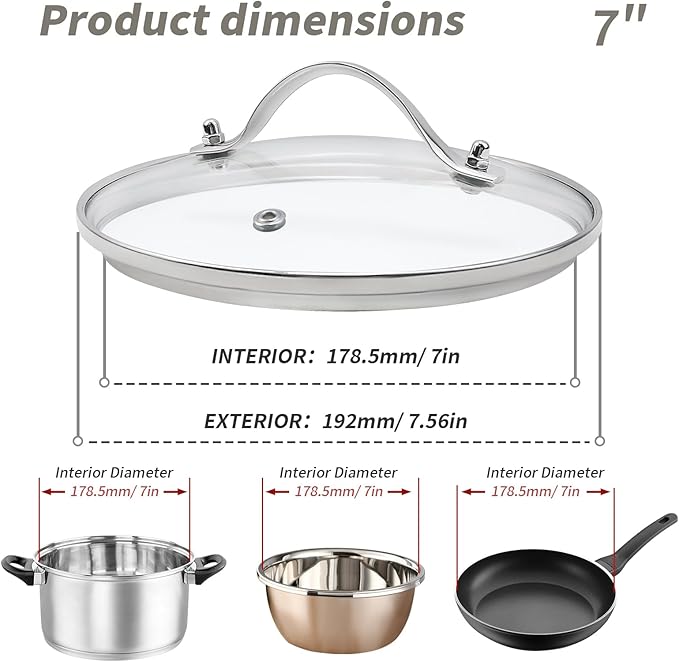 7" Tempered Glass Pan Lid with Steam Vent, Thickened to 4mm and Dishwasher Safe and Oven up to 480℉, Universal Lid Fit for Cast Iron Skillets, Frying Saute Pan, Cooking Pot