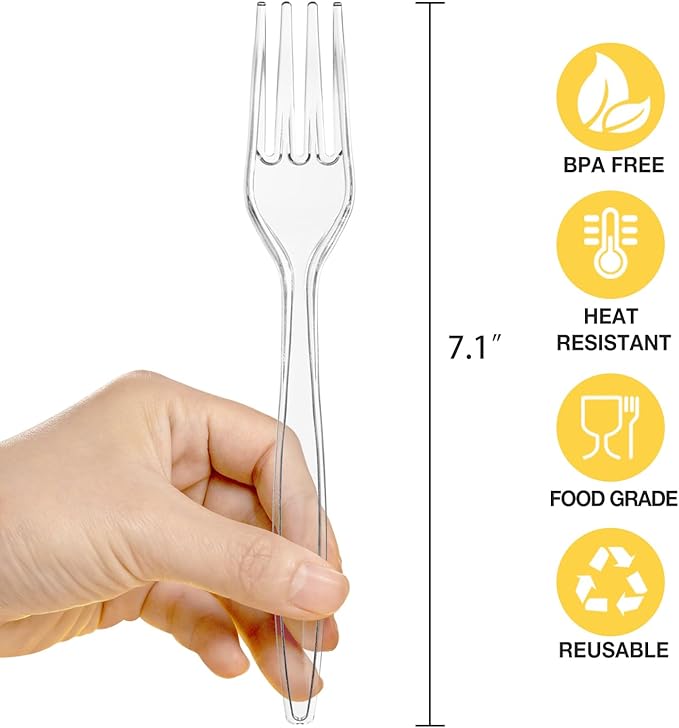 POSATE Heavy Duty Plastic Forks - Food-Grade Disposable Material, Clear, Pack of 30