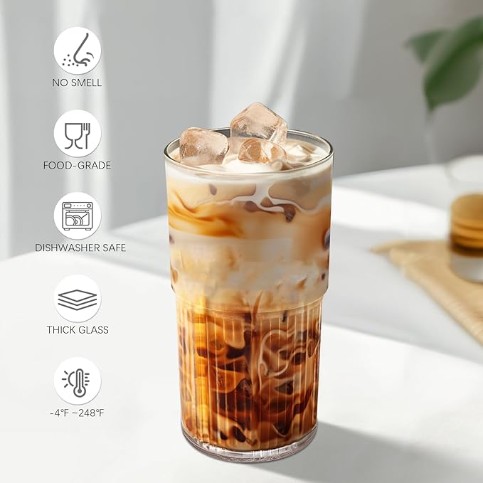 18.5oz Glass Cups with Lids and Straws - Set of 2 Reusable Tumblers, Thickened Shatter-Resistant Glass, Ideal for Iced Coffee, Smoothies, Cocktails, Juices - Elegant & Durable Drinkware