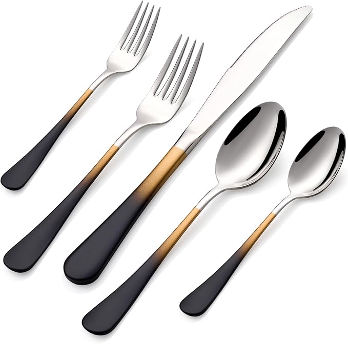 20-Pieces Black gold Silverware Sets for 4,Black gold Handle Stainless Steel Cutlery Set, Include Forks Spoons and Knives Set, Dishwasher Safe Utensil Sets for Home Restaurant