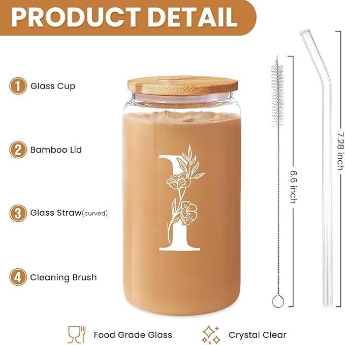 SANDJEST Monogrammed Gifts for Women - Monogram I Initial Glass Cup 16 Oz Can Coffee Cups with Lid and Straw - Monogram Initials Gifts for Womens on Birthday