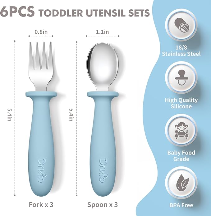 DRKIO 6 Pieces Toddler Utensils Set - Kids Silverware Set with Silicone Handle Children Safe 18/8 Stainless Steel Forks and Spoons Anti-Choke Design Food Grade Dishwasher Safe