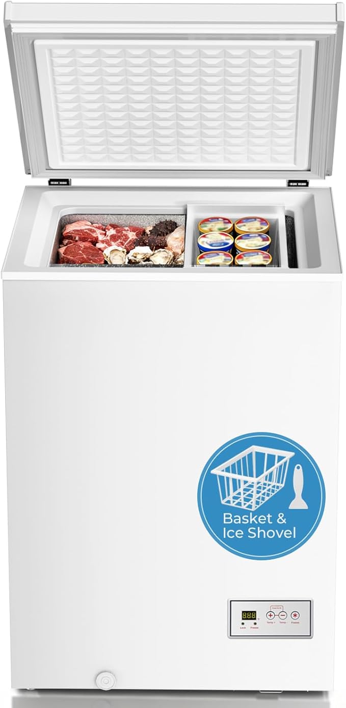 Antarctic Star Chest Freezer 3.2 Cubic Feet 14℉ to -40℉ Low Temperature Freezer with Removable Basket,Free Standing Top open Door Deep Freezer, Adjustable Temperature for Home, Basement, Kitchen,White