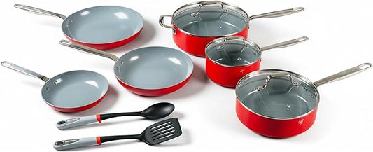 Guy Fieri's Flavortown 15-Piece Ceramic Cookware Set, Nonstick Pots and Pans for Cooking, Easy-Clean Kitchen Cookware, Made without PFAS PTFE PFOA, Induction Compatible, Oven & Dishwasher Safe, Red