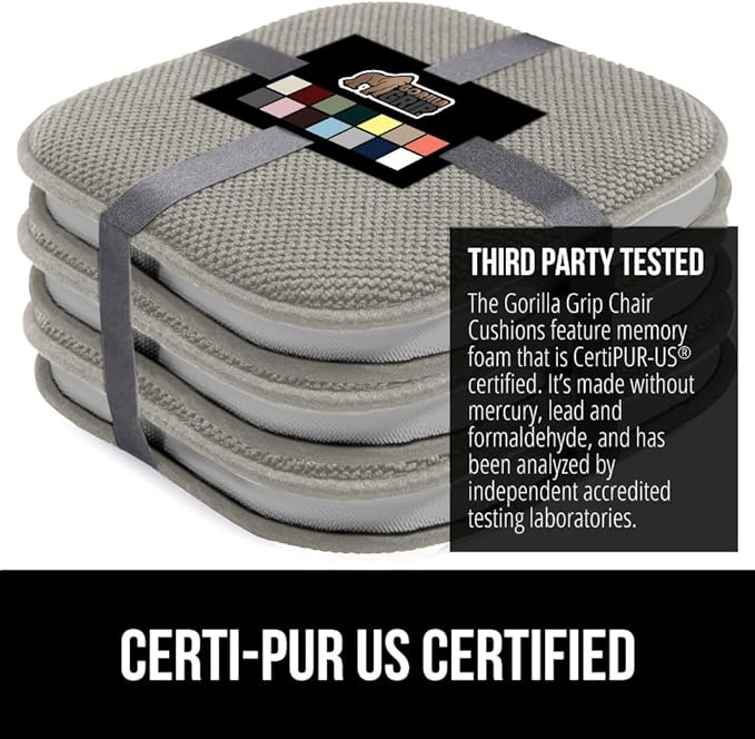 GORILLA GRIP Slip Resistant Chair Cushions, No Ties Required, Memory Foam Pads for Dining Room, Kitchen Table, Office, Rocking Chairs, Plush Seat Cover Cushion Pad, Home Decor, Set of 4 16x16, Lt Gray