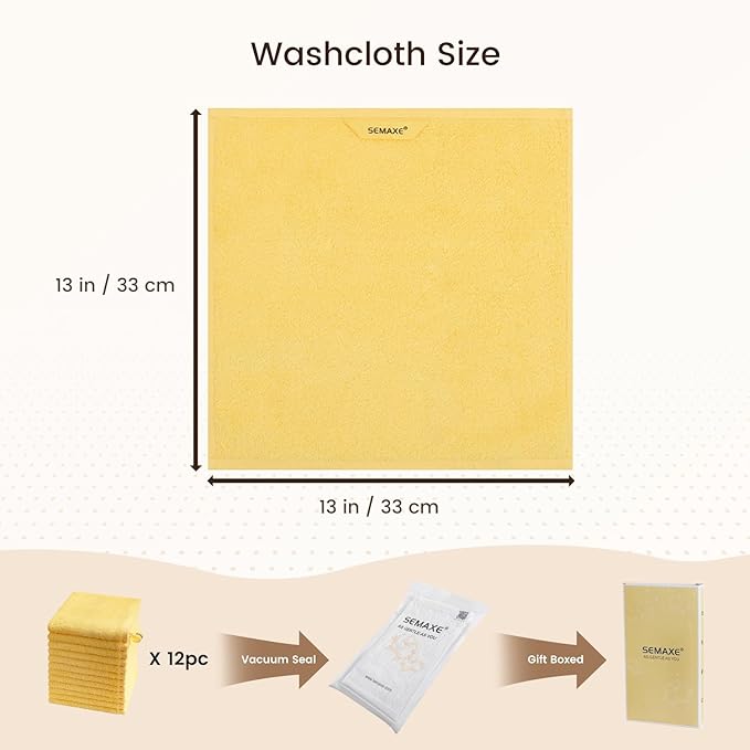 SEMAXE 100% Cotton Washcloths 12-Pack, 13 × 13 Inch Soft Yellow Face Towels – Super Absorbent & Quick-Dry, Premium Cloth with Hanging Loop, Oeko-TEX Certified, Gift-Ready Box