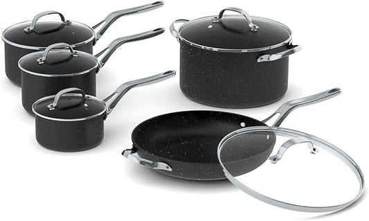 Starfrit The Rock 10PC Non-Stick Cookware Set - Durable Forged Aluminum - Oven Safe - PFOA Free - Easy to Clean - Black