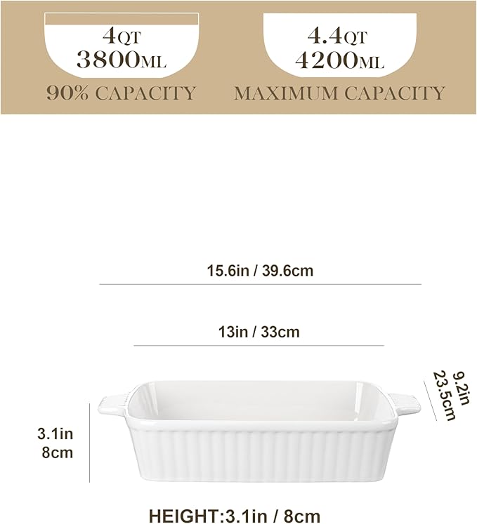 MALACASA 4.4 QT Baking Dish, 9x13 Large Casserole Dish for Oven, Ceramic Baking Pan, Rectangular Lasagna Pan Deep with Handles for Baking, Durable Microwave Oven Safe, Wedding Gift,White, Series BAKE-BAKE