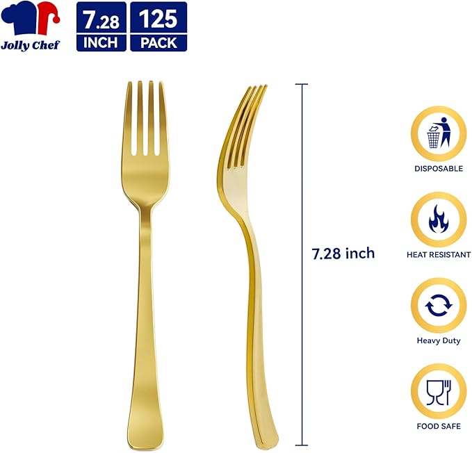 125 Count Gold Plastic Disposable Forks Heavy Duty, 7.28 Inch Heat Resistant Durable Gold Dinner Forks for Parties, Wedding, Daily Events