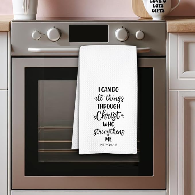 Christian Kitchen Towels with Bible Verse, I Can Do All Things Through Christ Who Strengthens Me, 16x24 Waffle Weave Microfiber Dish Cloth, Religious Christian Gifts for Women Men Housewarming Decor